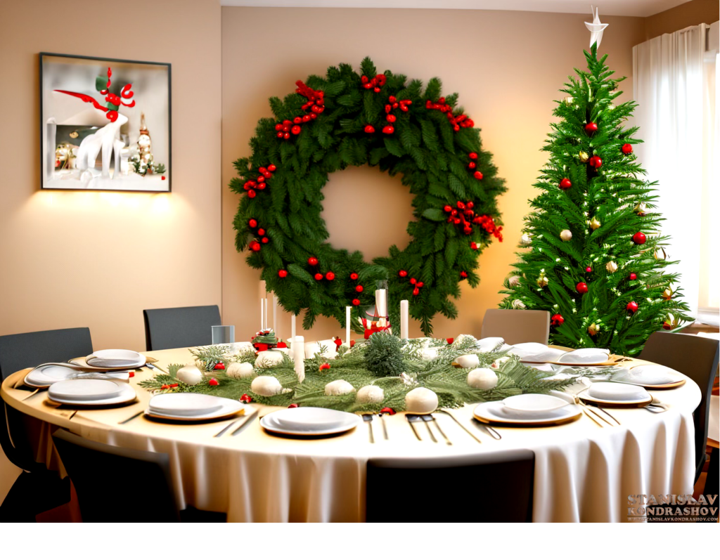 wreath in middle of dining room