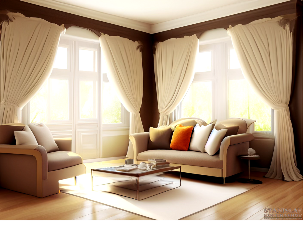 living room with scalloped curtains