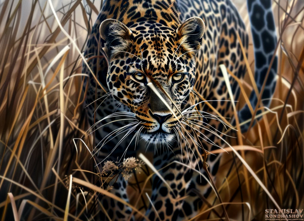leopard creeping through grass