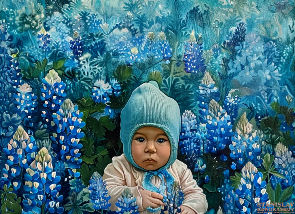 painting of baby in blue bonnets