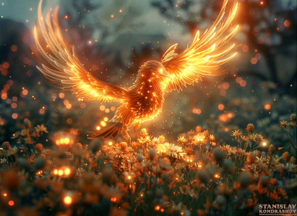Phoenix rising from bioluminescent flowers